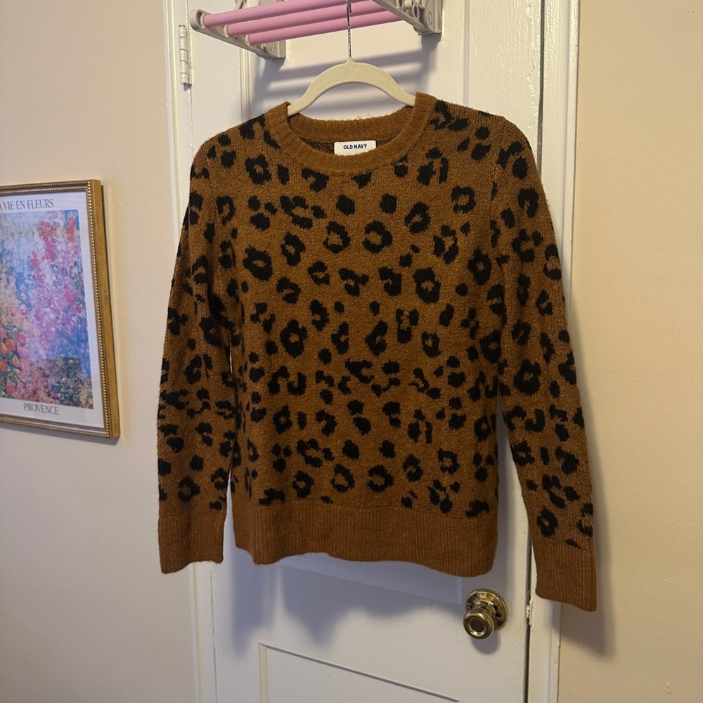 Old Navy Brown and Black Crew Neck Sweater with Leopard Print